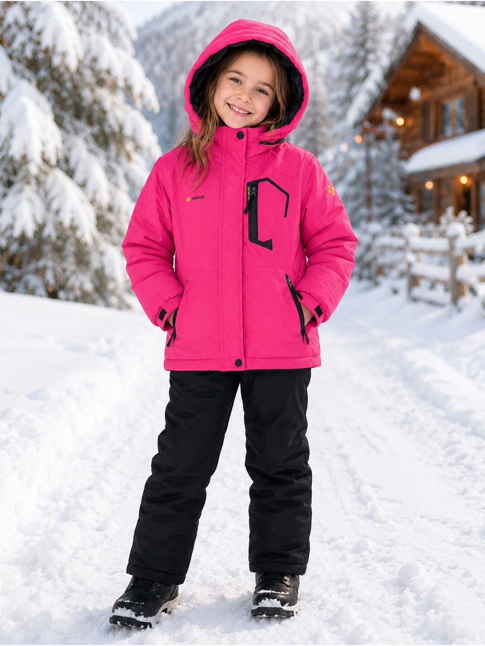 GEMYSE Girls Size 8 Pink Ski Snow Jacket Fleece Lined Removable Hood Winter